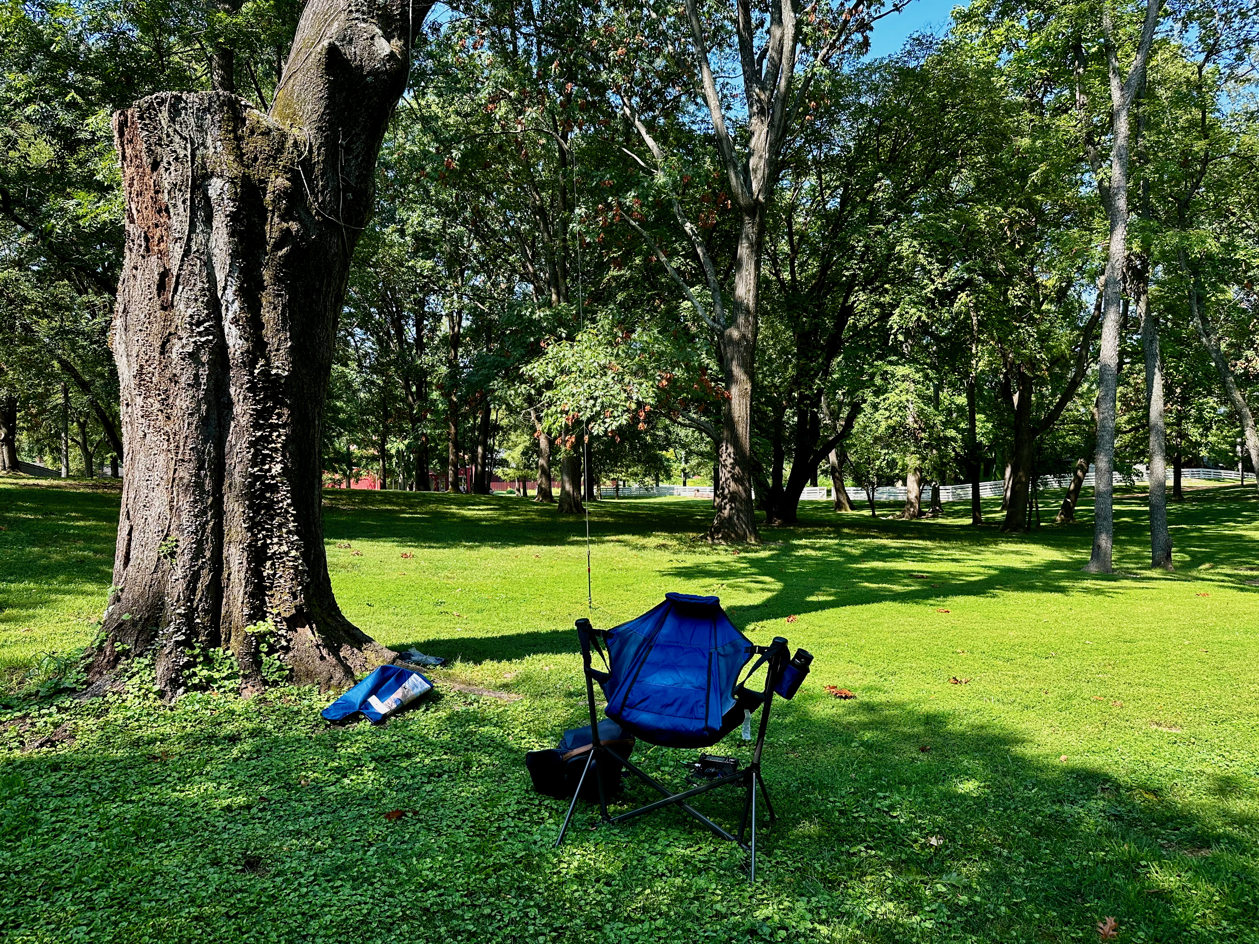 A slightly rolling, green, grassy, sunlit area with some trees providing shade in the background and foreground. A blue camping chair is in the foreground at the edge of the shaded area with a vertical antenna furhter in the distance.