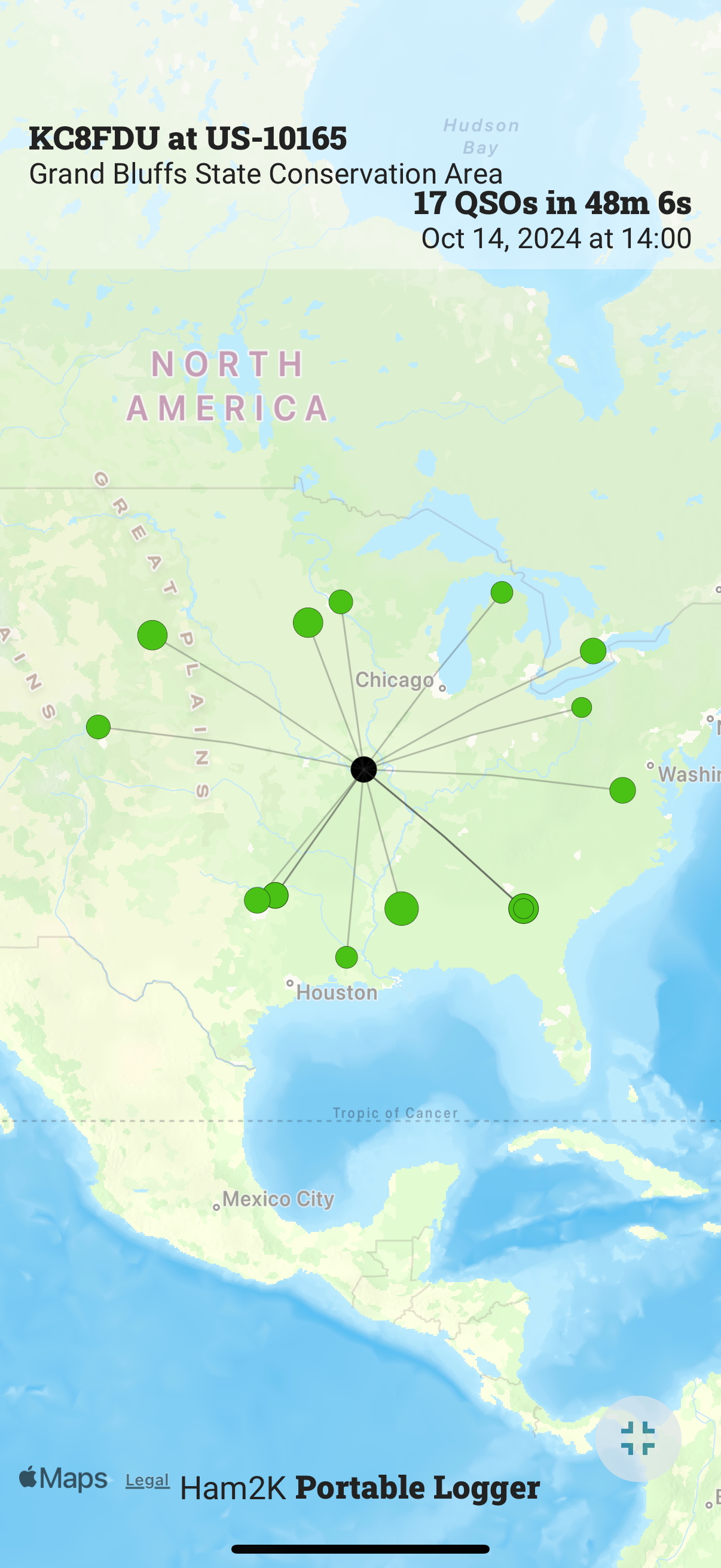 A screenshot from the Ham2K POLO app showing a map of QSOs, all west of the rocky mountains.