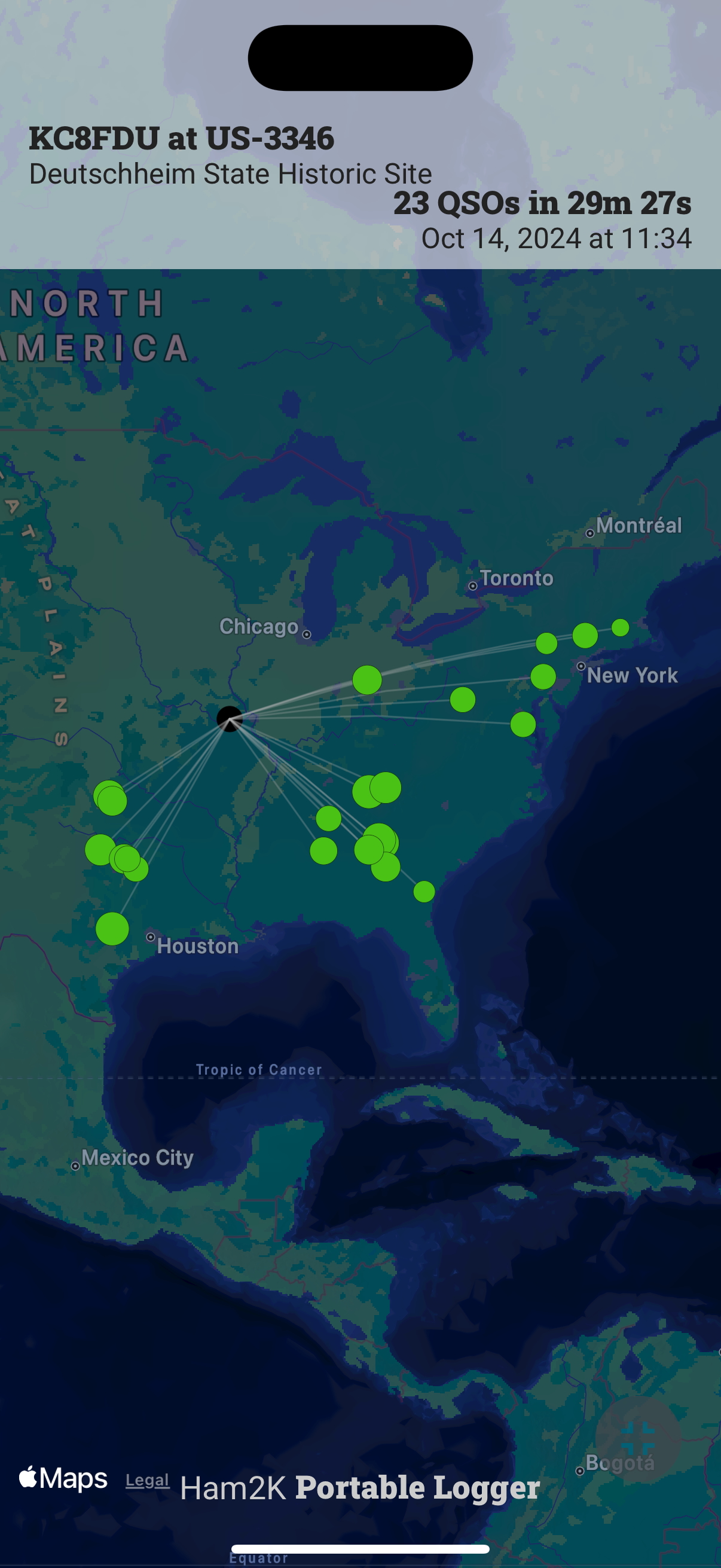 A screenshot from the Ham2K POLO app showing a map of QSOs, all in the eastern US