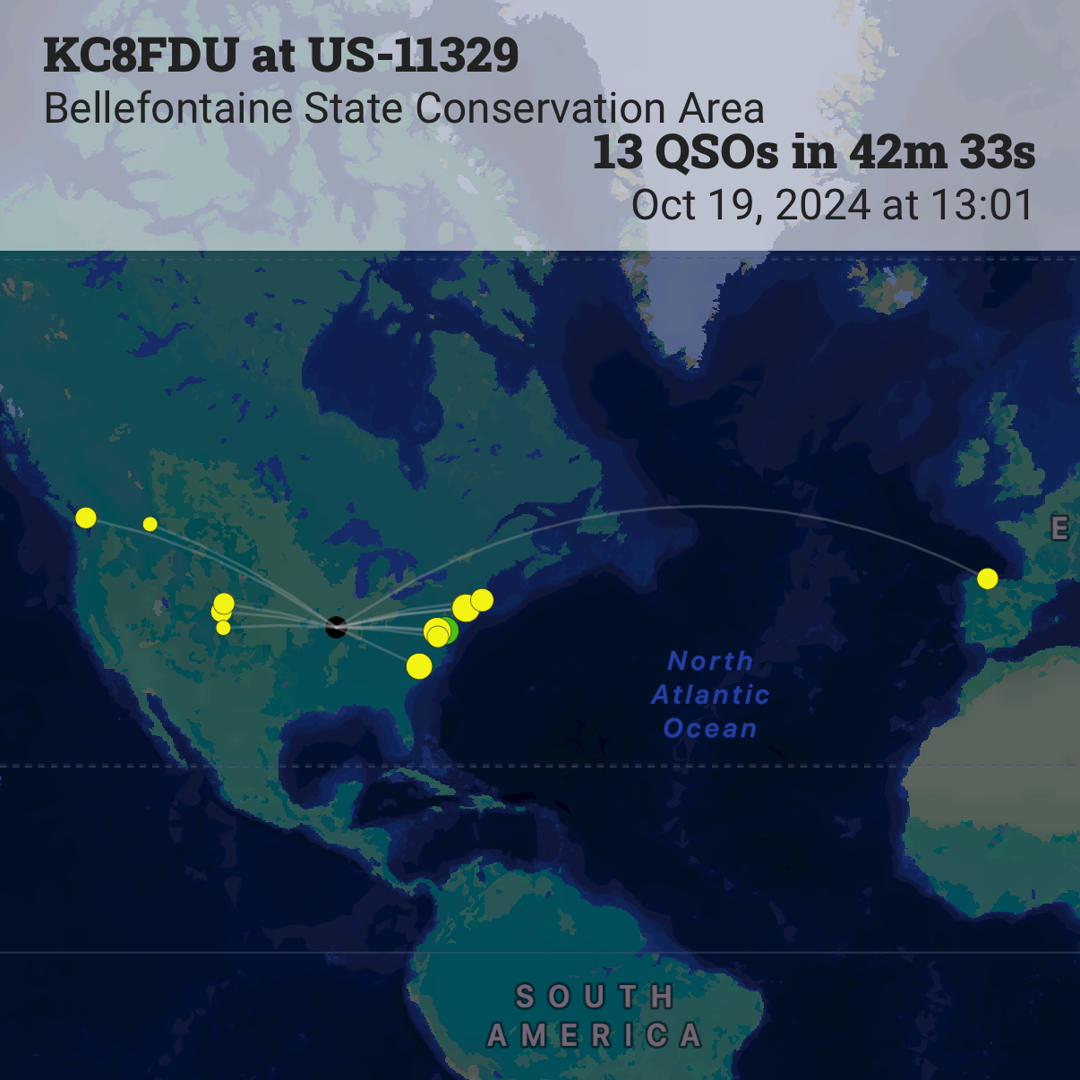 A screenshot from the Ham2K POLO app showing a map of QSOs. A majority are on the Eastern US seaboard, a few are west towards the rocky mountains and two are in the pacific northwest.