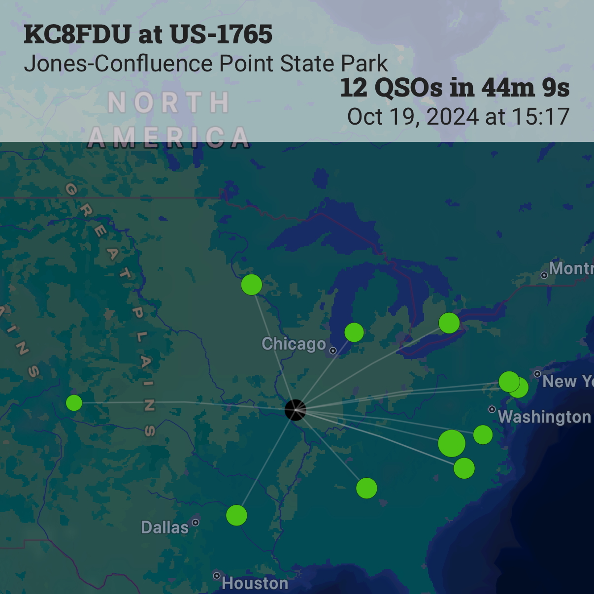 A screenshot from the Ham2K POLO app showing a map of QSOs. Mostly in the midwestern US with one further towards the west.