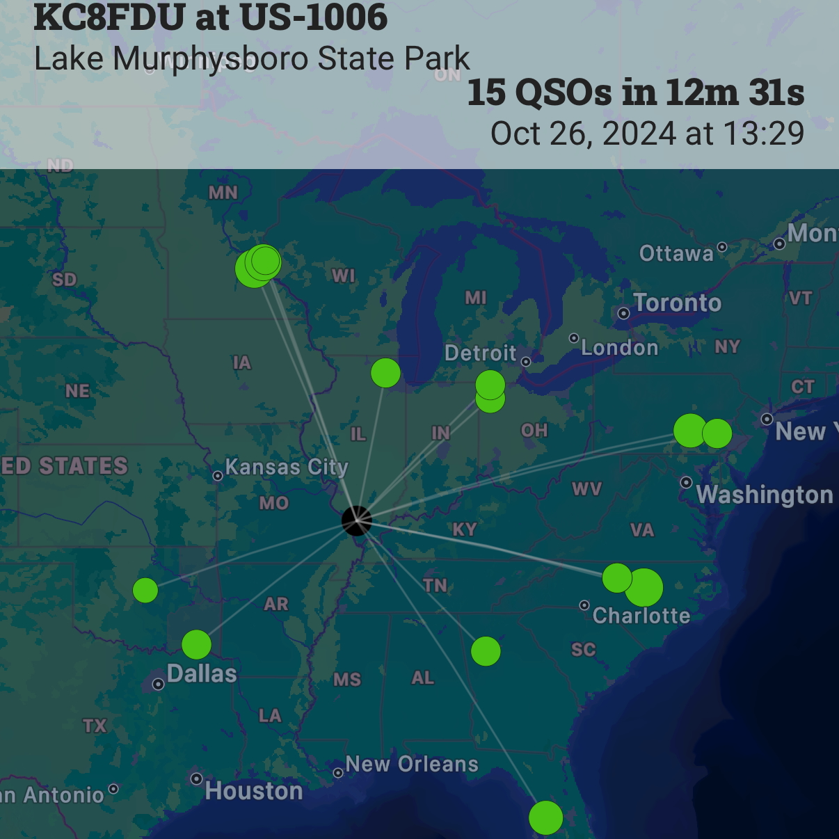 A screenshot from the Ham2K POLO app showing a map of QSOs, all in the eastern US