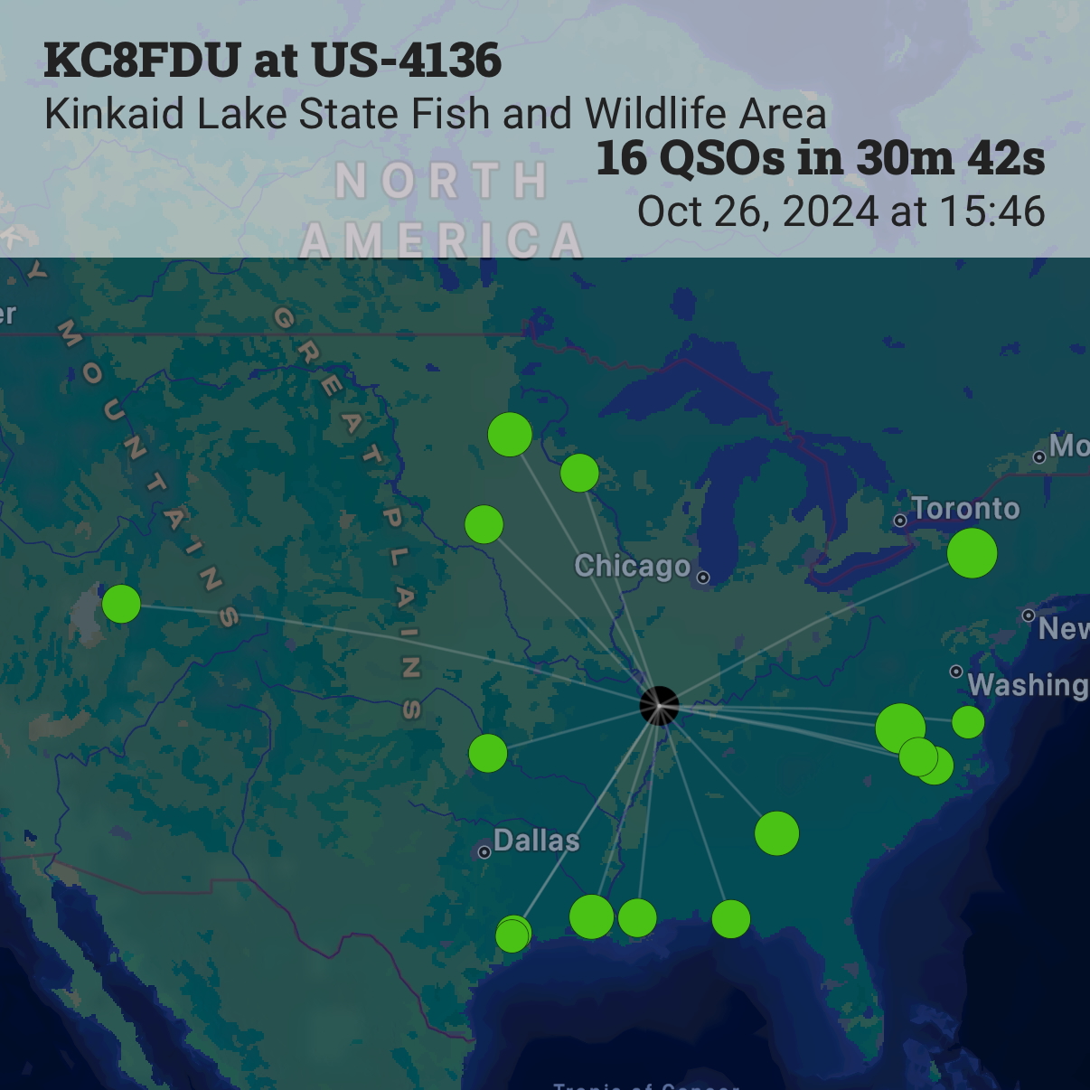 A screenshot from the Ham2K POLO app showing a map of QSOs, mostly eastern US with one in Colorado