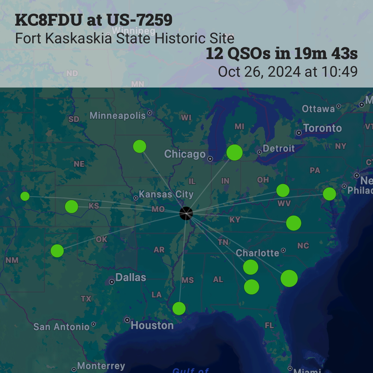 A screenshot from the Ham2K POLO app showing a map of QSOs, all in the US