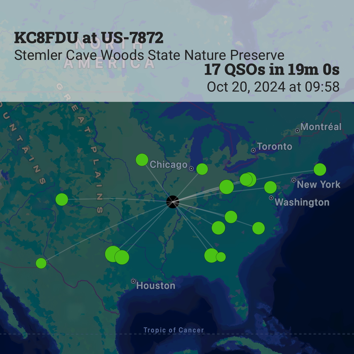 A screenshot from the Ham2K POLO app showing a map of QSOs, all in the US east of the rockies.