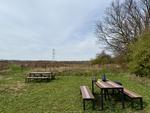 The picnic table I setup at in the small mowed area behind the interpretive center. In the background are high tension power lines.