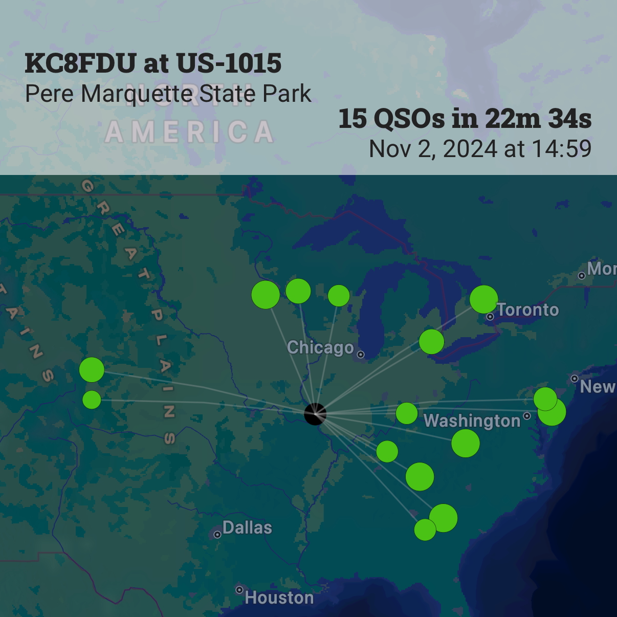 A screenshot from the Ham2K POLO app showing a map of QSOs, all east of the rockies.