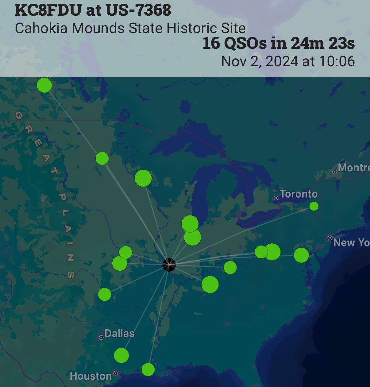 A screenshot from the Ham2K POLO app showing a map of QSOs, one in Canada and the rest in the Eastern US.