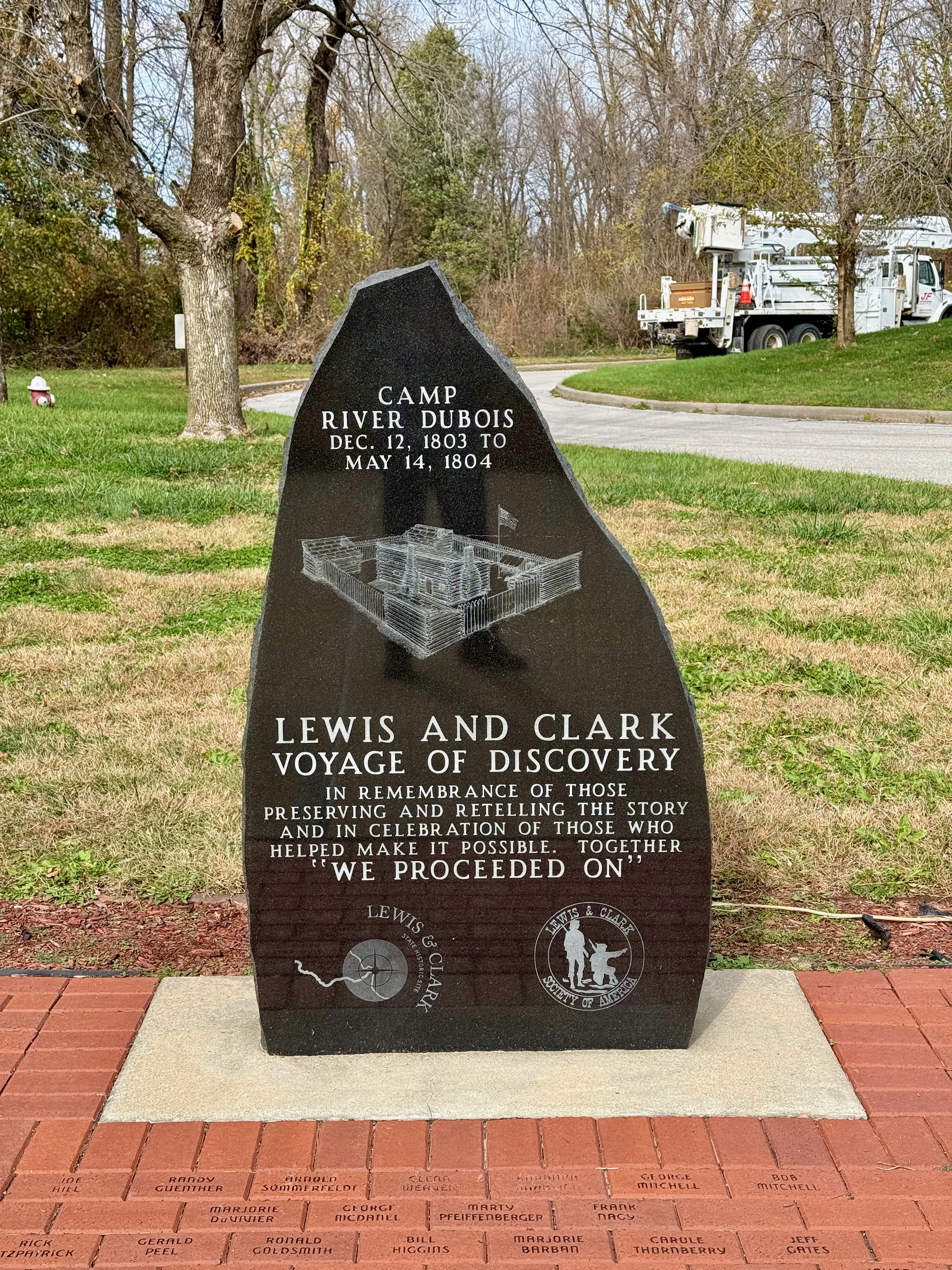 A piece of black stone or granite commemorating Camp River Dubois, Dec 12, 1803 to May 14 1804.