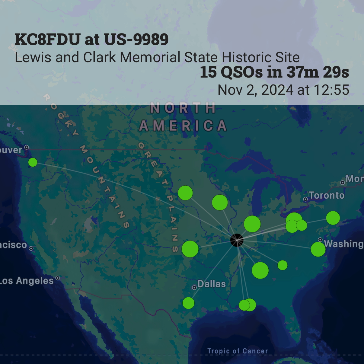 A screenshot from the Ham2K POLO app showing a map of QSOs, one in Washington and the rest in the Eastern US.